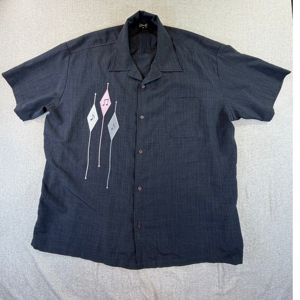 Steady Men 3XL Gray Diamond Note Embroidered Retro 50s Bowling Shirt Rockabilly